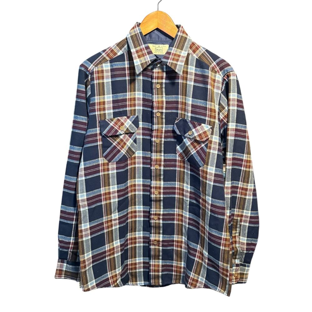 Vintage SEARS Long Sleeve Shirt Blue Brown Plaid Medium Tall